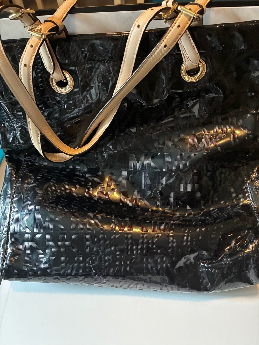 Michael Kors Black Patent Logo Tote with Cream Handles